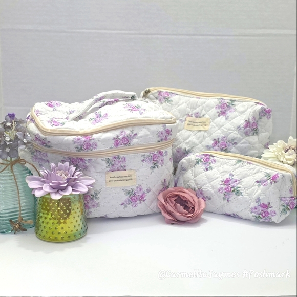 Floral Quilted 👝 3 pc XL Cosmetic Bag Set Travel Toiletry Makeup Organizer NWT - Picture 2 of 15